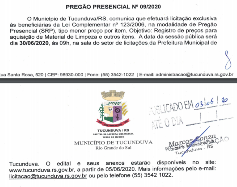 AVISO PREGÃO PRESENCIAL N° 09/2020 - REGISTRO DE PREÇOS PARA AQUISIÇÃO DE MATERIAL DE LIMPEZA E OUTROS ITENS